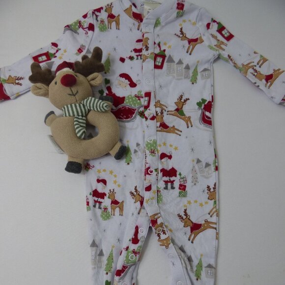 Pottery Barn Kids Santa Print Footie & Reindeer Rattle Set, Size 3-6 Months - Picture 2 of 4